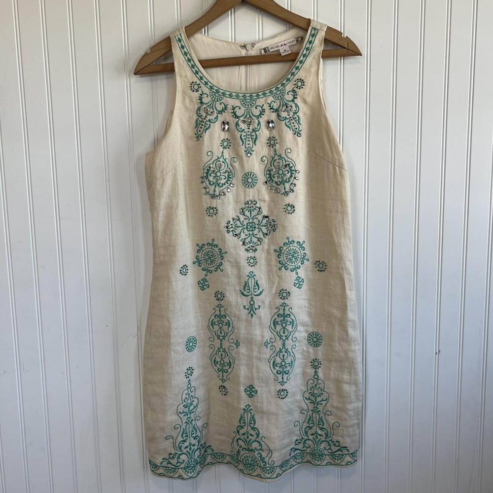 100% Linen Dress Chelsea And Violet Medium Natural Embroidered Rhinestone